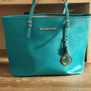 Michael Kors Jet Set Saffiano Leather Aqua Green Tote Travel Handbag Large Purse